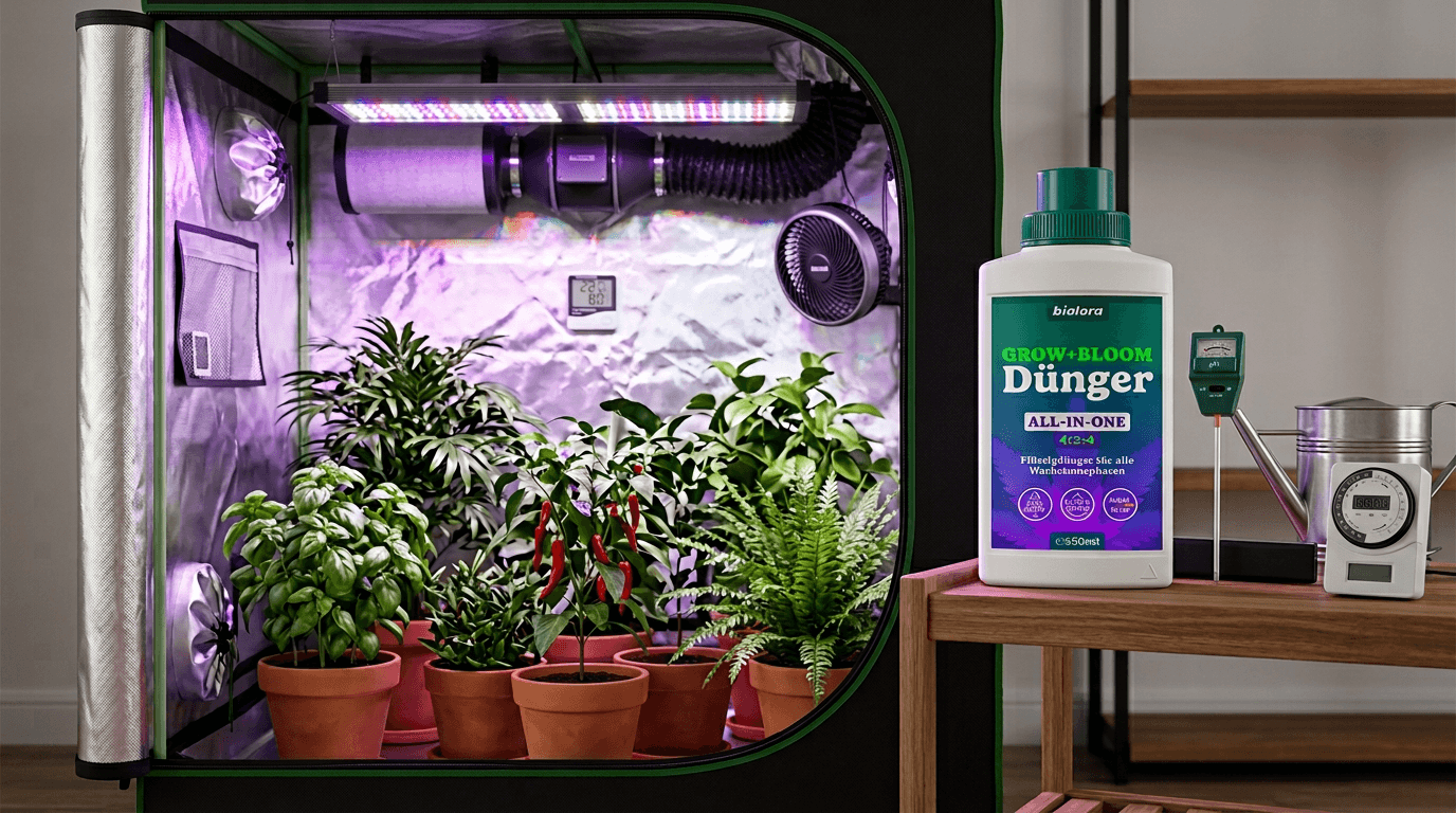 Cannabis Indoor düngen – professioneller Indoor-Grow mit LED-Beleuchtung und BIOLORA®