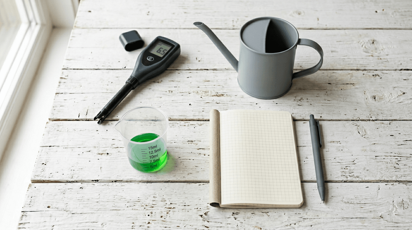 Cannabis Indoor düngen – pH-Meter und Messbecher für präzise Dosierung