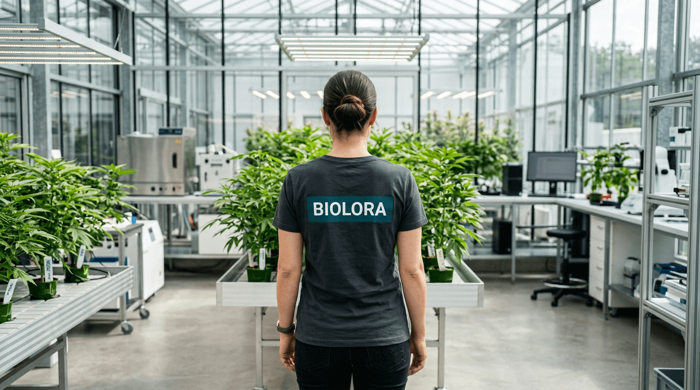 Mitarbeitende in der BIOLORA-Anbauumgebung – Rückenansicht, Fokus auf professionelle Bewirtschaftung der Pflanzen