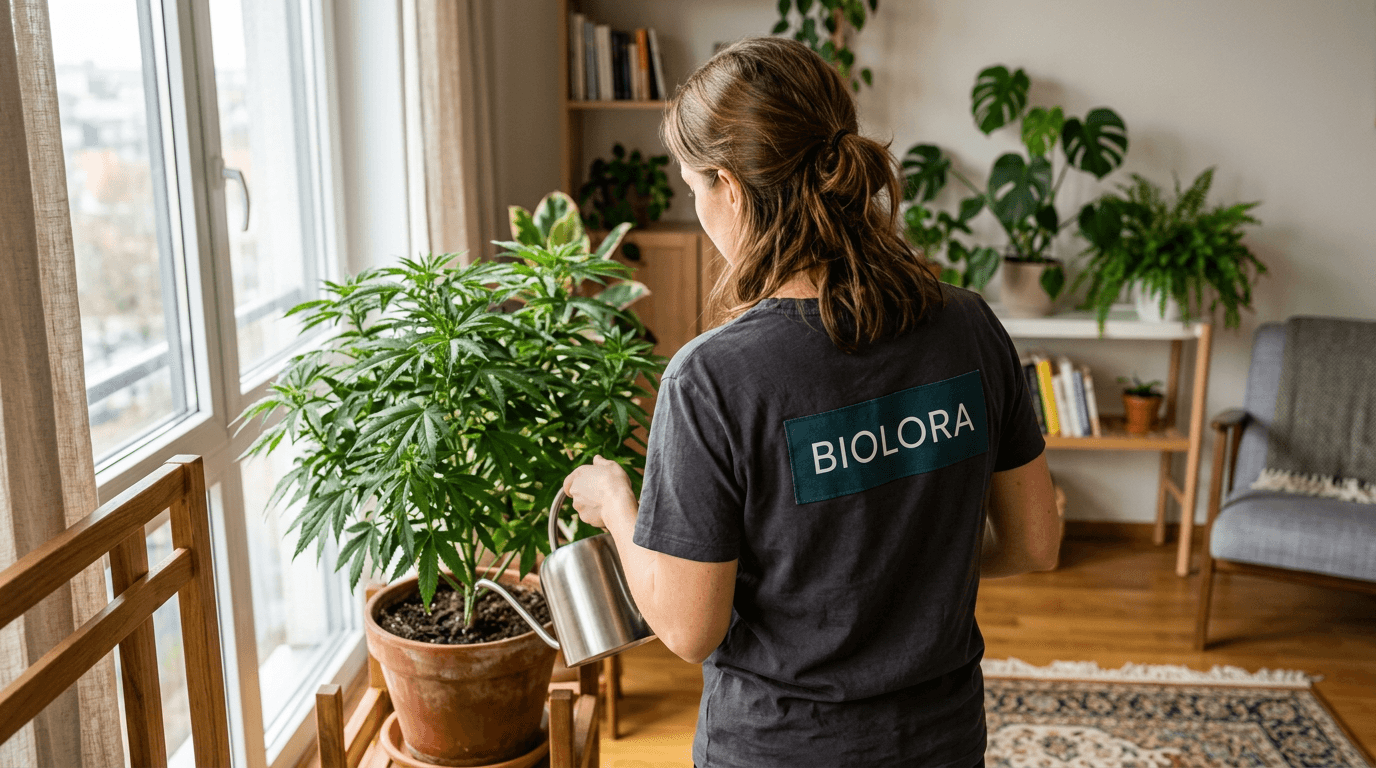 Hobby-Anbau zu Hause – Person von hinten beim Gießen, BIOLORA auf der Kleidung, ohne erkennbares Gesicht