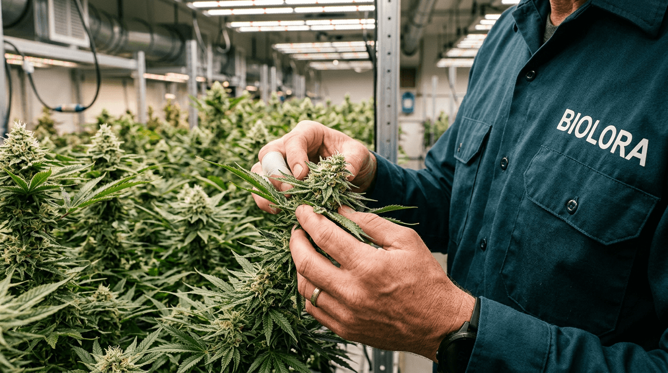 Qualitätskontrolle am Bestand – keine Gesichter, Fokus auf sorgfältige Pflanzenbetreuung im BIOLORA-Umfeld